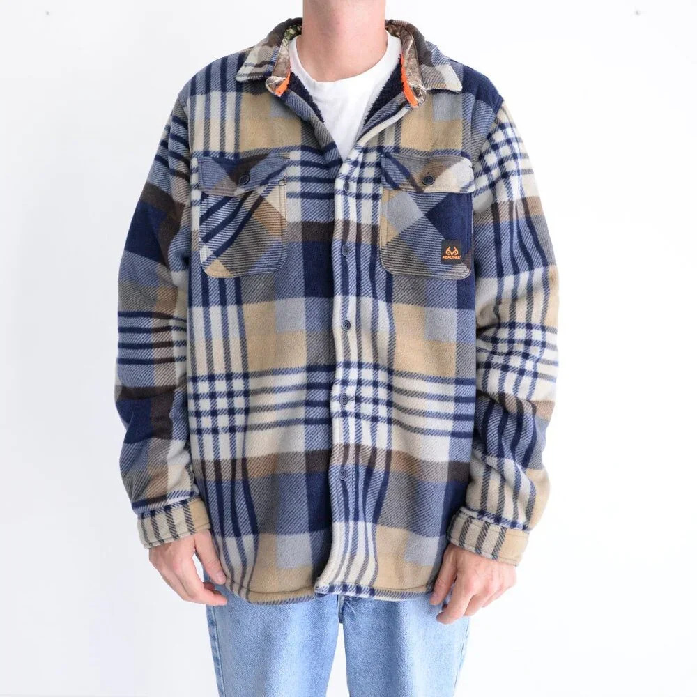 Realtree My Boston Traders Cream And Navy Button Up Plaid Fleece Shacket XXL